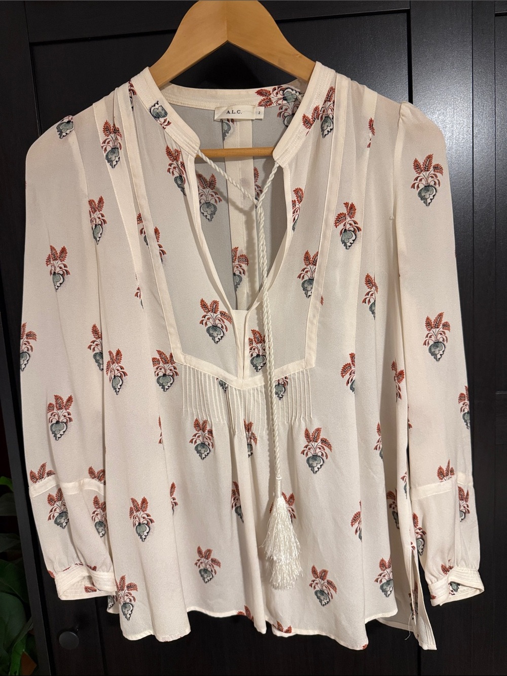 A.L.C. Cream Floral Tassel Tie Blouse